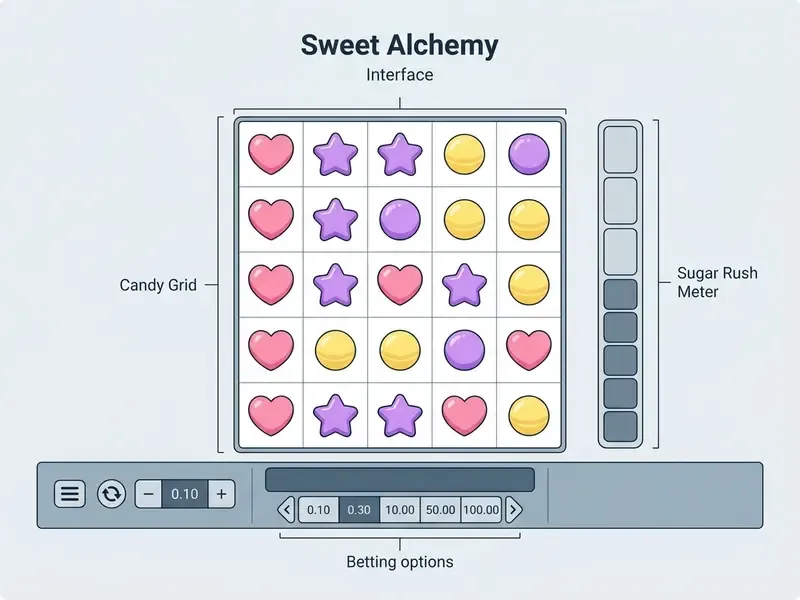 sweet alchemy game interface avec grille 5x5, Sugar Rush Meter et boutons de mise